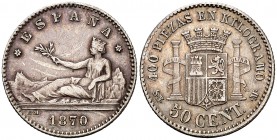 1870*70. Gobierno Provisional. SNM. 50 céntimos. (Cal. 20). 2,50 g. Buen ejemplar. MBC+.