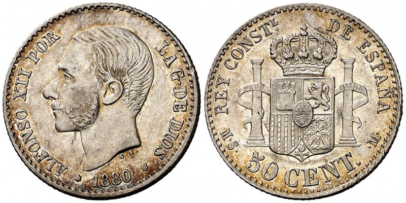 1880*80. Alfonso XII. MSM. 50 céntimos. (Cal. 63). 2,46 g. Pátina. EBC-/EBC.