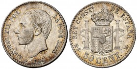 1880*80. Alfonso XII. MSM. 50 céntimos. (Cal. 63). 2,46 g. Pátina. EBC-/EBC.