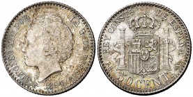 1894*94. Alfonso XIII. PGV. 50 céntimos. (Cal. 58). 2,50 g. Bella. Preciosa pátina. Escasa así. S/C-.