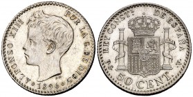 1896*96. Alfonso XIII. PGV. 50 céntimos. (Cal. 59). 2,46 g. Limpiada. Escasa. EBC-/EBC.