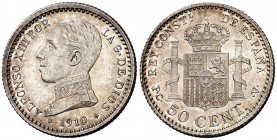1910*10. Alfonso XIII. PCV. 50 céntimos. (Cal. 63). 2,50 g. Muy bella. Brillo original. S/C.