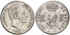 1880. Alfonso XII. Manila. 10 centavos. (Cal. 93). 2,61 g. Rayitas. Buen ejemplar. Rara y más así. MBC+.