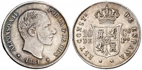 1881. Alfonso XII. Manila. 10 centavos. (Cal. 94). 2,54 g. Bonita pátina. Escasa así. MBC+.