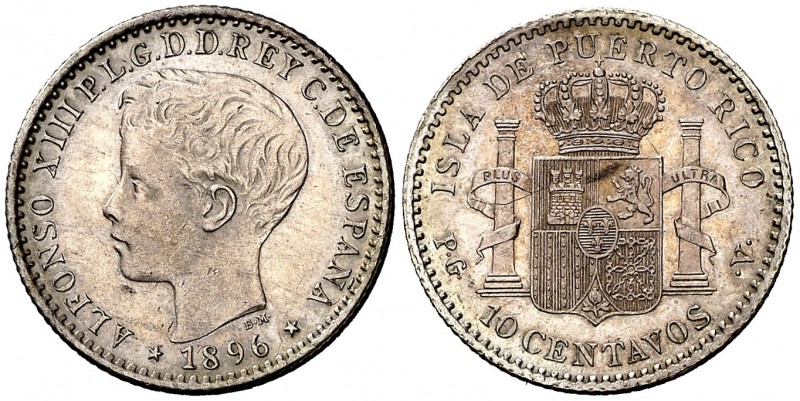 1896. Alfonso XIII. Puerto Rico. PGV. 10 centavos. (Cal. 85). 2,50 g. Escasa así...