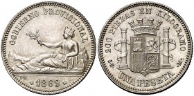 1869. Gobierno Provisional. SNM. 1 peseta. (Cal. 14). 4,98 g. GOBIERNO PROVISIONAL. Escasa así. EBC/EBC+.