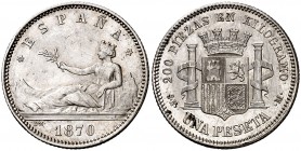 1870*1870. Gobierno Provisional. SNM. 1 peseta. (Cal. 16). 4,96 g. Leves rayitas. Atractiva. MBC+.