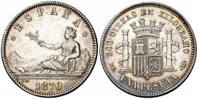 1870*1873. Gobierno Provisional. DEM. 1 peseta. (Cal. 17). 5 g. Leves rayitas. Escasa así. EBC-/EBC.