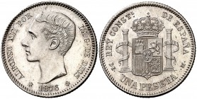 1876*1876. Alfonso XII. DEM. 1 peseta. (Cal. 54). 5 g. Bella. Brillo original. Muy rara así. S/C-.