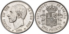 1881*1881. Alfonso XII. MSM. 1 peseta. (Cal. 56). 5,05 g. Insignificantes rayitas por limpieza. Bella. Escasa y más así. (EBC+).