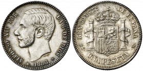 1883*1883. Alfonso XII. MSM. 1 peseta. (Cal. 59). 5 g. Bella. Ex Áureo & Calicó, Selección 2016, nº 439. Escasa así. EBC.