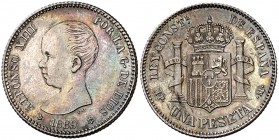 1889*1889. Alfonso XIII. MPM. 1 peseta. (Cal. 37). 4,96 g. Leves rayitas. Pátina. Rara. EBC-/EBC.
