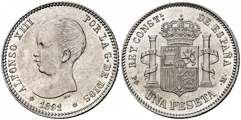 1891*1891. Alfonso XIII. PGM. 1 peseta. (Cal. 38). 5,05 g. Mínimas rayitas. Bell...