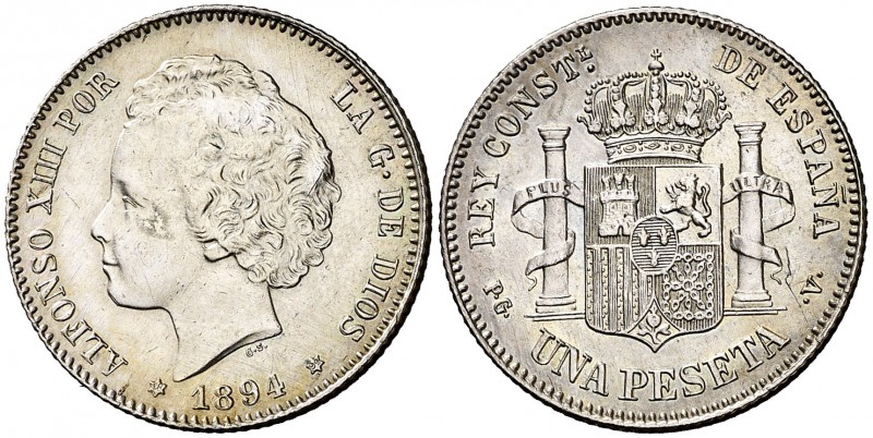 1894*1894. Alfonso XIII. PGV. 1 peseta. (Cal. 40). 4,99 g. Buen ejemplar. Rara. ...