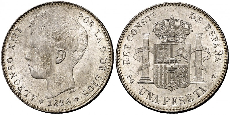 1896*1896. Alfonso XIII. PGV. 1 peseta. (Cal. 41). 5 g. Bella. Brillo original. ...