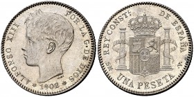 1902*1902. Alfonso XIII. SMV. 1 peseta. (Cal. 48). 4,97 g. Bella. Escasa y más así. EBC+.