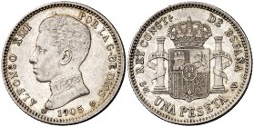 1905*1905. Alfonso XIII. SMV. 1 peseta. (Cal. 51). 5 g. Escasa. EBC-.
