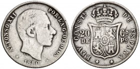 1880. Alfonso XII. Manila. 20 centavos. (Cal. 87). 5 g. Rara. MBC-.