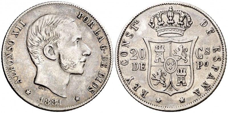 1881/0. Alfonso XII. Manila. 20 centavos. (Cal. 88 var). 5,01 g. Rectificación m...
