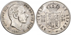 1881/0. Alfonso XII. Manila. 20 centavos. (Cal. 88 var). 5,01 g. Rectificación muy clara. Escasa. MBC+/MBC.