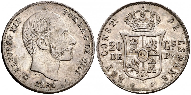 1884. Alfonso XIII. Manila. 20 centavos. (Cal. 91). 5,07 g. Bella. Preciosa páti...