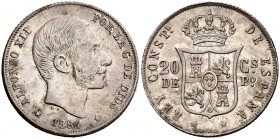 1884. Alfonso XIII. Manila. 20 centavos. (Cal. 91). 5,07 g. Bella. Preciosa pátina. Rara y más así. EBC-/EBC.