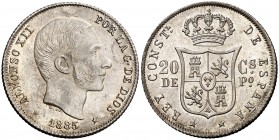 1885. Alfonso XII. Manila. 20 centavos. (Cal. 92). 5,16 g. Muy bella. Brillo original. S/C.