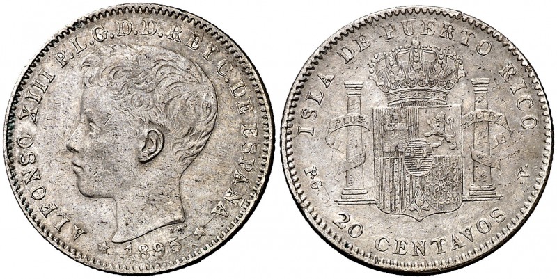 1895. Alfonso XIII. Puerto Rico. PGV. 20 centavos. (Cal. 84). 4,98 g. Leves golp...