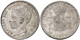 1895. Alfonso XIII. Puerto Rico. PGV. 20 centavos. (Cal. 84). 4,98 g. Leves golpecitos. Escasa. MBC+.