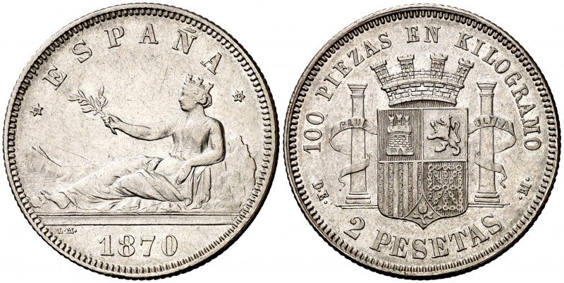 1870*1873. Gobierno Provisional. DEM. 2 pesetas. (Cal. 9). 10 g. Parte de brillo...