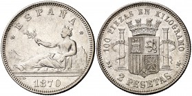 1870*1873. Gobierno Provisional. DEM. 2 pesetas. (Cal. 9). 10 g. Parte de brillo original. MBC+.