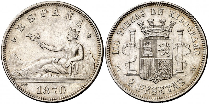 1870*1875. Gobierno Provisional. DEM. 2 pesetas. (Cal. 10). 9,99 g. Buen ejempla...