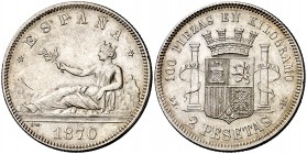 1870*1875. Gobierno Provisional. DEM. 2 pesetas. (Cal. 10). 9,99 g. Buen ejemplar. Escasa así. EBC-.