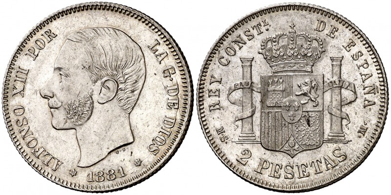 1881*1881. Alfonso XII. MSM. 2 pesetas. (Cal. 48). 9,94 g. Bella. Brillo origina...