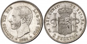 1881*1881. Alfonso XII. MSM. 2 pesetas. (Cal. 48). 9,94 g. Bella. Brillo original. Rara así. EBC+.