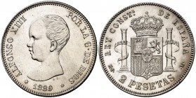 1889*1-89. Alfonso XIII. MPM. 2 pesetas. (Cal. 29). 9,96 g. Limpiada. Escasa. (EBC-).