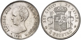 1891*1891. ALfonso XIII. PGM. 2 pesetas. (Cal. 31). 10,03 g. Limpiada. Escasa y más así. (EBC-).