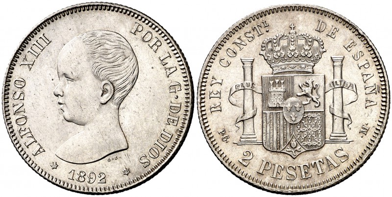 1892*1892. Alfonso XIII. PGM. 2 pesetas. (Cal. 32). 10 g. Buen ejemplar. Rara as...