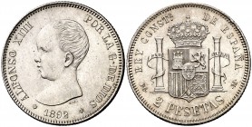 1892*1892. Alfonso XIII. PGM. 2 pesetas. (Cal. 32). 10 g. Buen ejemplar. Rara así. EBC+.