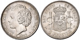 1894*1894. Alfonso XIII. PGV. 2 pesetas. (Cal. 33). 10 g. Leves marquitas. Bonita pátina. Escasa y más así. EBC.