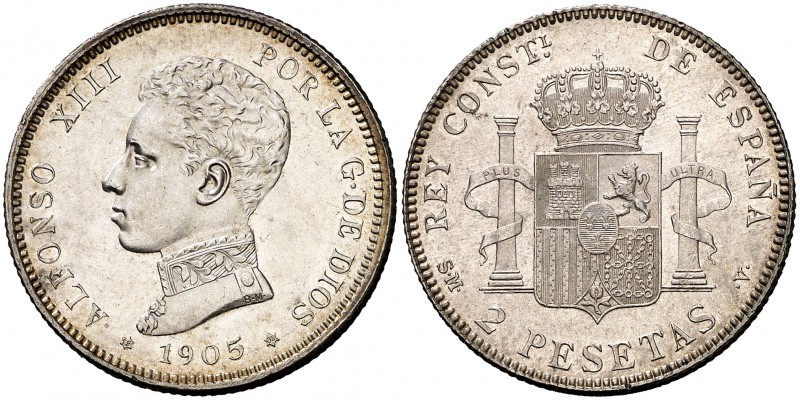 1905*1905. Alfonso XIII. SMV. 2 pesetas. (Cal. 34). 9,99 g. Bella. Brillo origin...