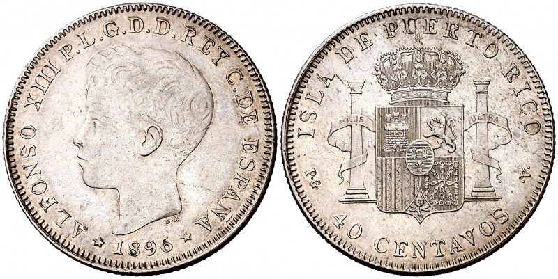 1896. Alfonso XIII. Puerto Rico. PGV. 40 centavos. (Cal. 83). 9,97 g. Buen ejemp...