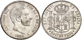1881. Alfonso XII. Manila. 50 centavos. (Cal. 79). 12,90 g. Atractiva. Parte de brillo original. Escasa así. MBC+/EBC-.