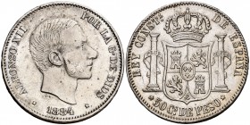 1884. Alfonso XII. Manila. 50 centavos. (Cal. 84). 12,93 g. Leves marquitas. Buen ejemplar. Escasa. MBC+/EBC-.