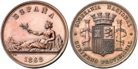 1868. Gobierno Provisional. 5 pesetas. (V.Q. 14374) (V. 824). 24,48 g. Prueba en cobre. Grabador: Luis Marchioni. Bella. S/C-.