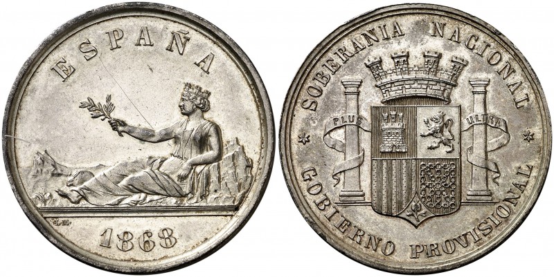 1868. Gobierno Provisional. 5 pesetas. (V.Q. 14373) (V. 823). 24,55 g. AG. Prueb...