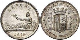 1868. Gobierno Provisional. 5 pesetas. (V.Q. 14373) (V. 823). 24,55 g. AG. Prueba en plata. Bella. Grabador: Luis Marchioni. Bella. S/C-.