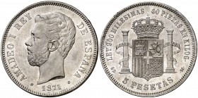 1871*1871. Amadeo I. SDM. 5 pesetas. (Cal. 5). 24,86 g. Leves marquitas. Bella. Brillo original. Escasa así. EBC.