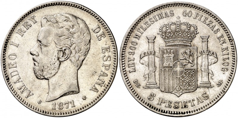 1871*1873. Amadeo I. DEM. 5 pesetas. (Cal. 9). 24,78 g. Escasa. MBC.