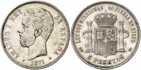 1871*1873. Amadeo I. DEM. 5 pesetas. (Cal. 9). 24,78 g. Escasa. MBC.